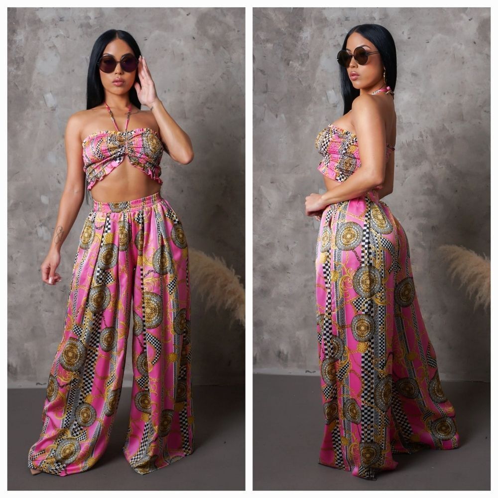 Multi Pink Wide Leg Pants & Ruched Top Set